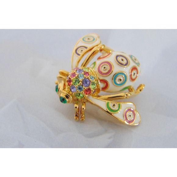 Joan Rivers Evil Eye BEE PIN BROOCH Gold Plate Circles Multi Color Pave Crystal - Picture 1 of 5